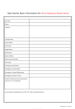 New Starter Information Template | Fully Editable Document