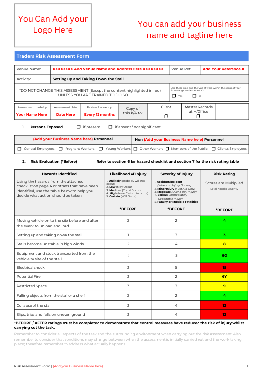 Traders & Stallholders Risk Assessment Template | Fully Editable Document