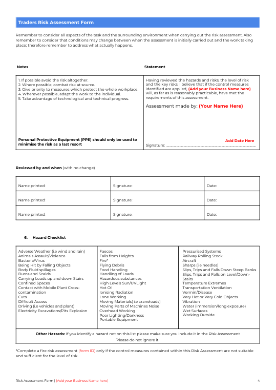 Traders & Stallholders Risk Assessment Template | Fully Editable Document